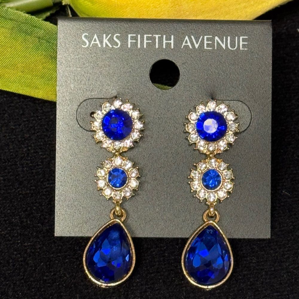 NWT Saks Fifth Avenue Gold Tone Royal Blue Crystal Triple Drop Earrings 2"